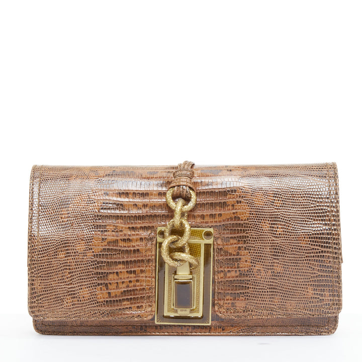 BOTTEGA VENETA brown lizard gold intrecciato resin chain evening clutch bag