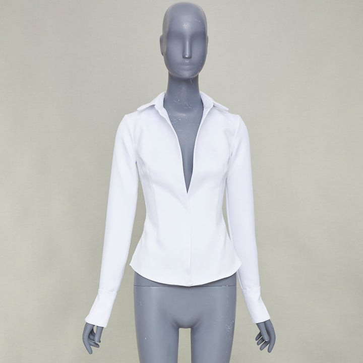 LAQUAN SMITH 2022 white darted crisp plunge neck collar fitted shirt XS