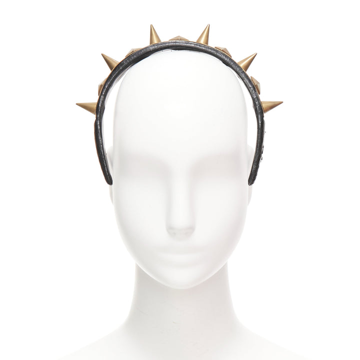 rare GIVENCHY Riccardo Tisci antique gold spike black leather headband