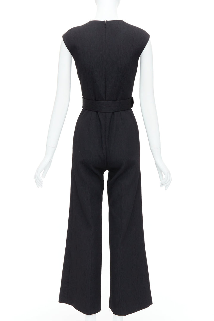 EMILIA WICKSTEAD black cloque crew neck cropped belted jumpsuit UK8 S