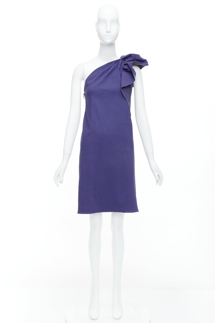 LANVIN 2015 deep purple linen one shoulder ruffle dress FR38 M