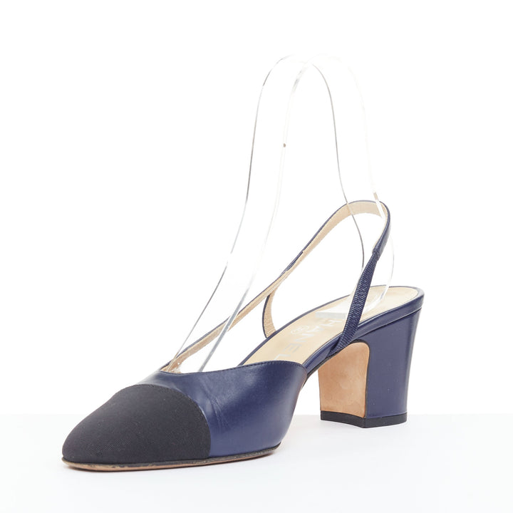 CHANEL navy blue leather black grosgrain cap toe slip on slingback pumps EU38