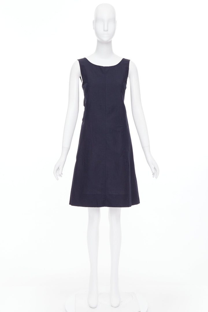 MARNI navy cotton linen blend dipped cowl neck back shift dress IT38 XS