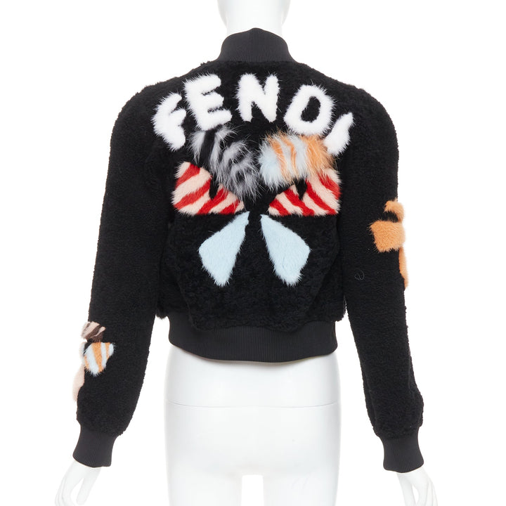 FENDI black floral fur leather lined cropped bomber jacket IT40 S