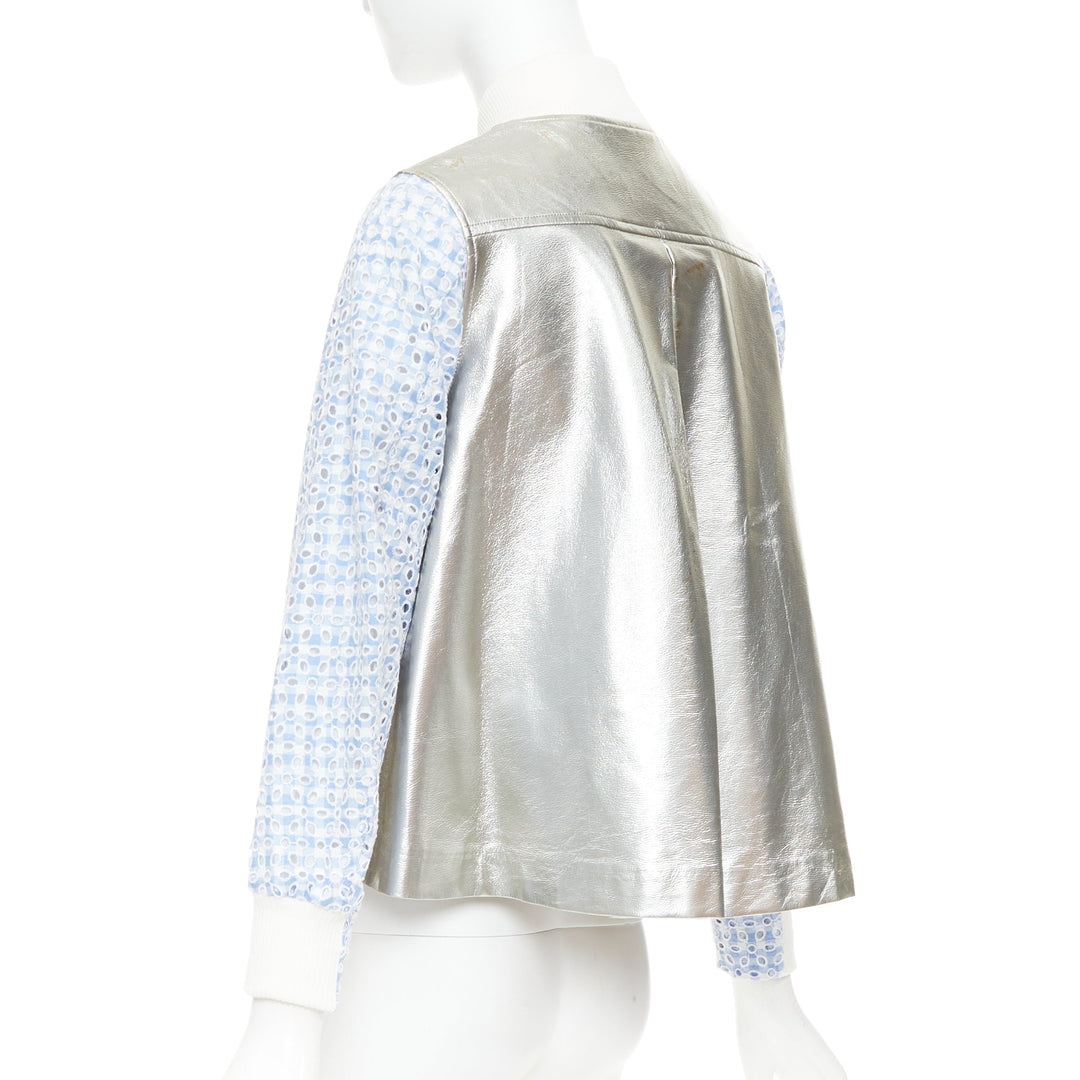 SACAI LUCK blue check embroidery anglais silver flared varsity jacket JP1 S