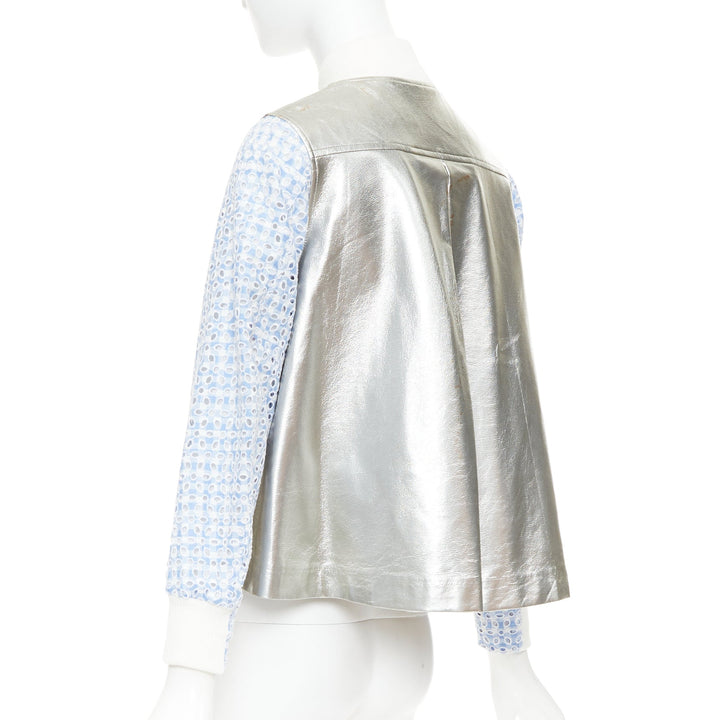 SACAI LUCK blue check embroidery anglais silver flared varsity jacket JP1 S