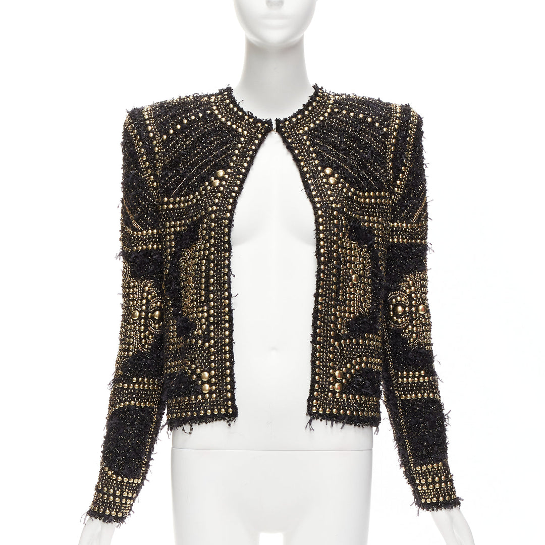 BALMAIN  2022gold black boucle tweed gold studded power shoulder jacket FR34 XS