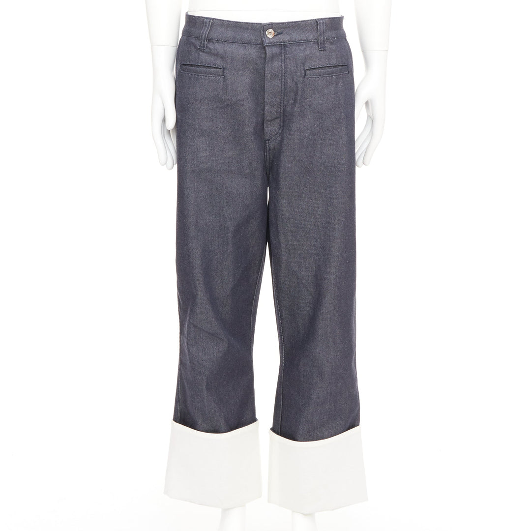 LOEWE 2018 Runway blue denim contrast white cuff turn up fisherman jeans IT50 L