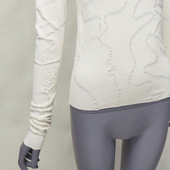 HELMUT LANG cream wiggly line motive jacquard long sleeve sweater S