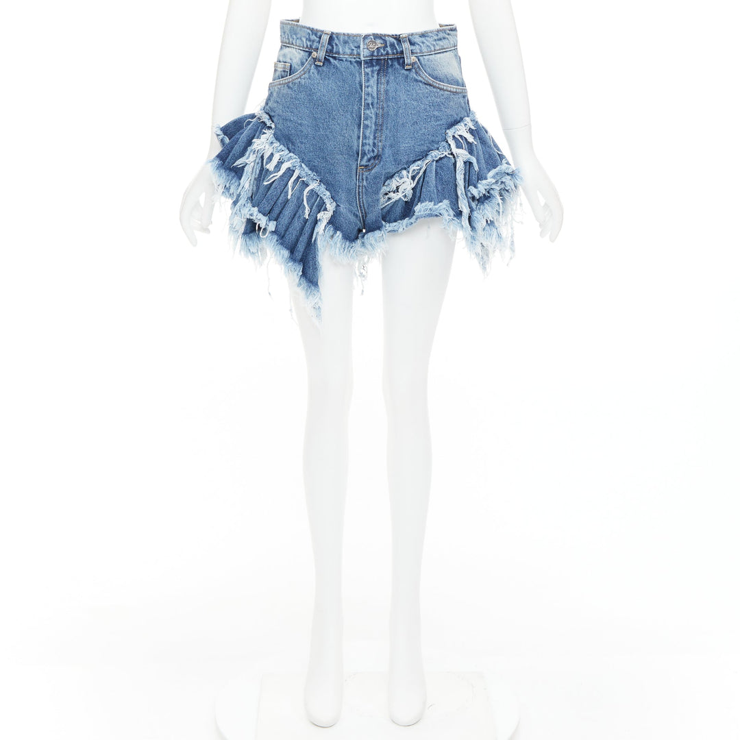 NATASHA ZINKO blue washed frayed layered hem mini high waist shorts XS