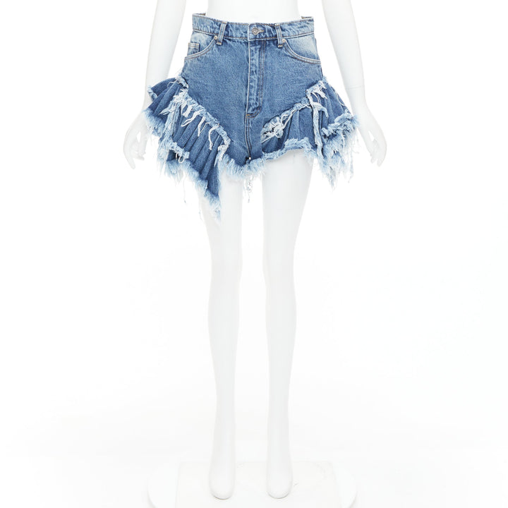 NATASHA ZINKO blue washed frayed layered hem mini high waist shorts XS