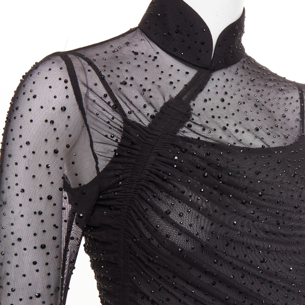 SAU LEE Kai black sheer mesh crystal cheongsam maxi gown US2 S