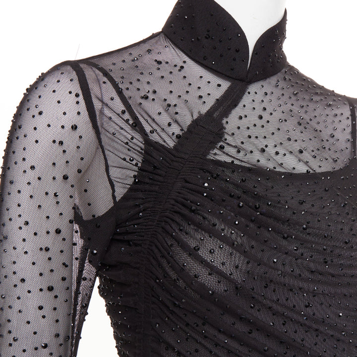 SAU LEE Kai black sheer mesh crystal cheongsam maxi gown US2 S