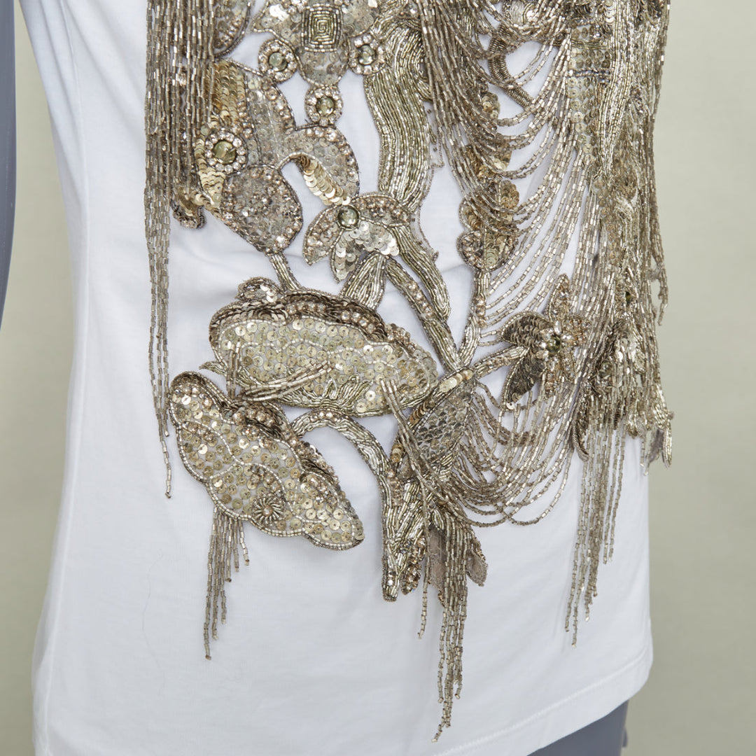 ALEXANDER MCQUEEN 2021 white gold sequin layered chain embroidered top IT38 XS