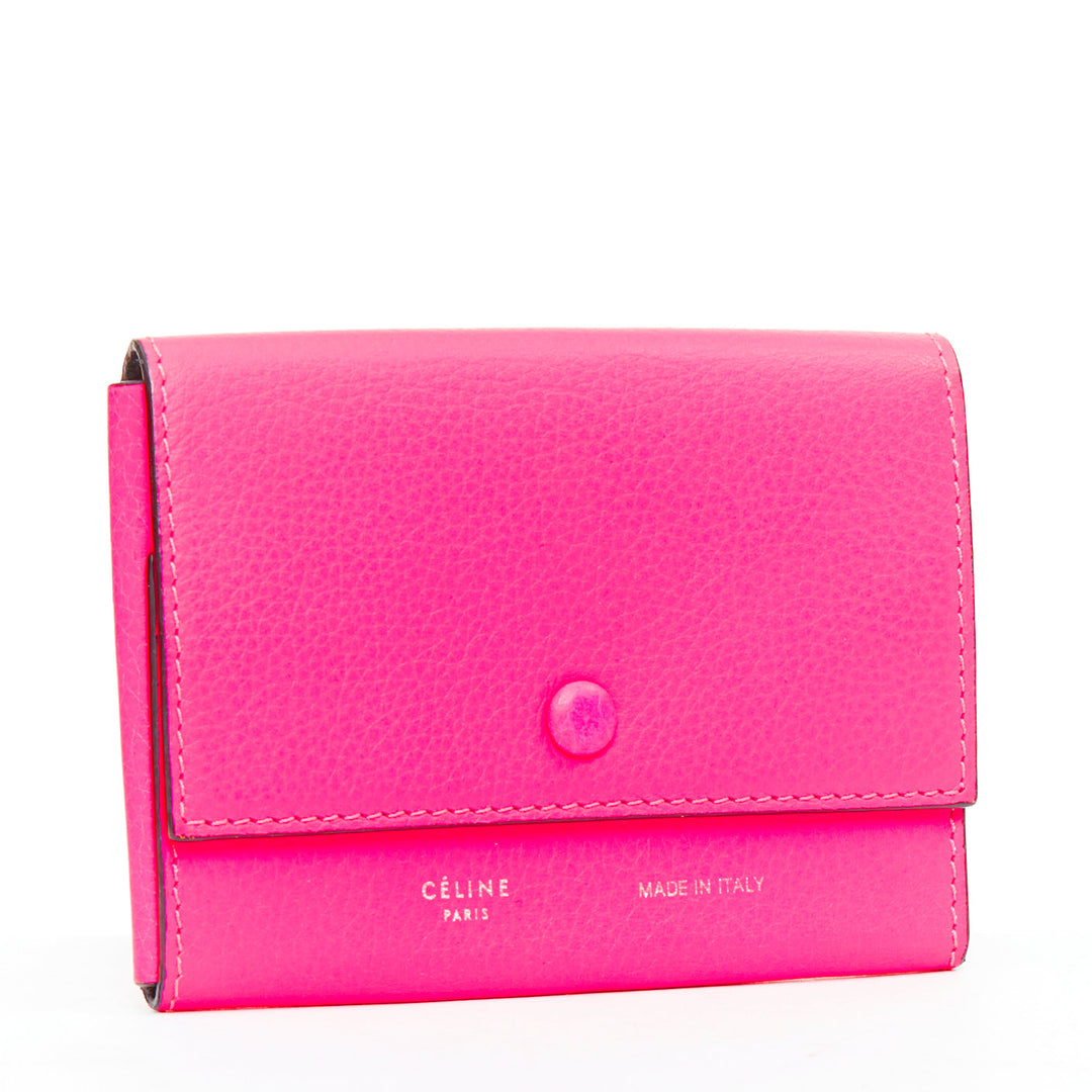 CELINE hot pink grained leather silver logo 4 fold flap wallet
