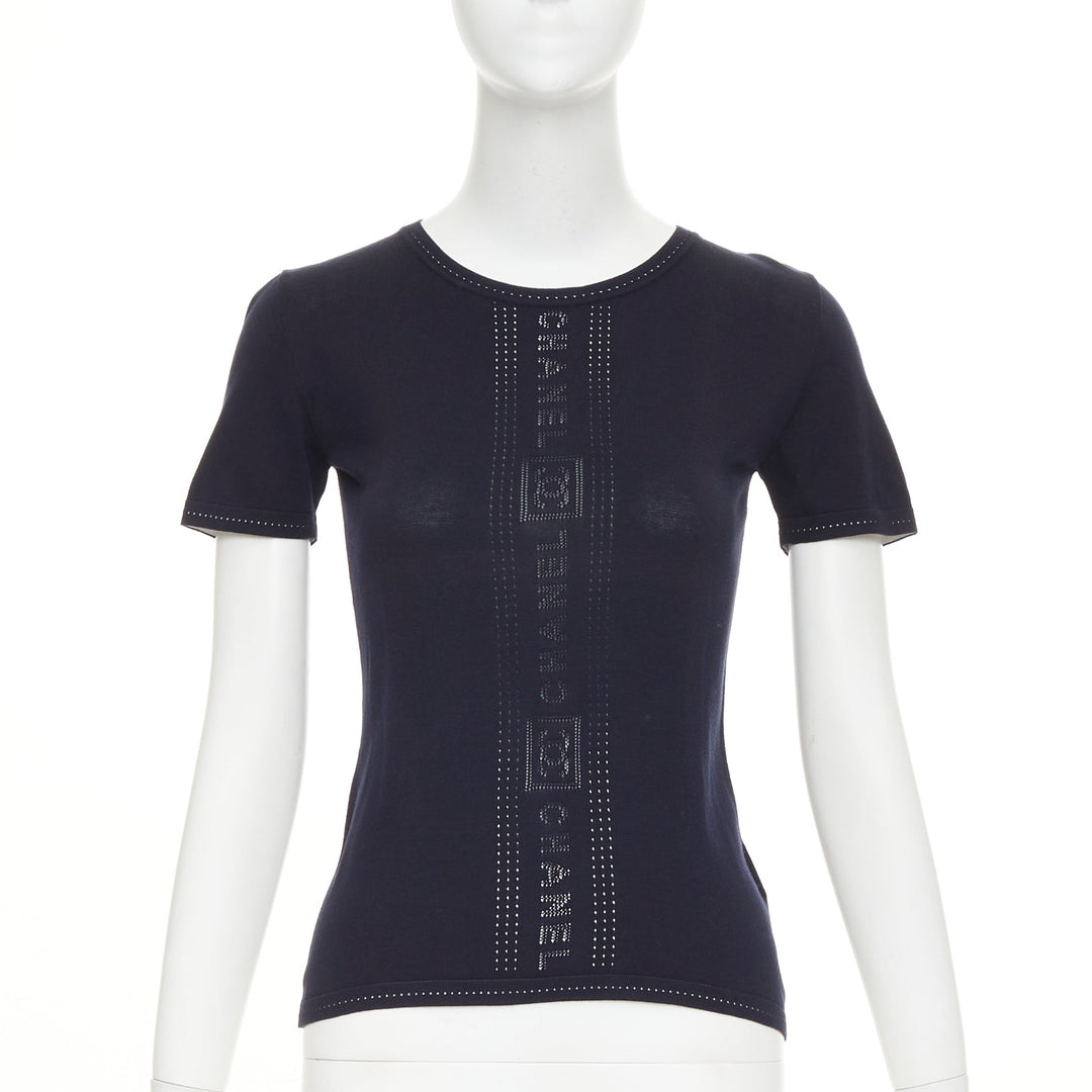 CHANEL SPORT 07C Vintage vertical logo intarsia knit short sleeve top FR34 XXS