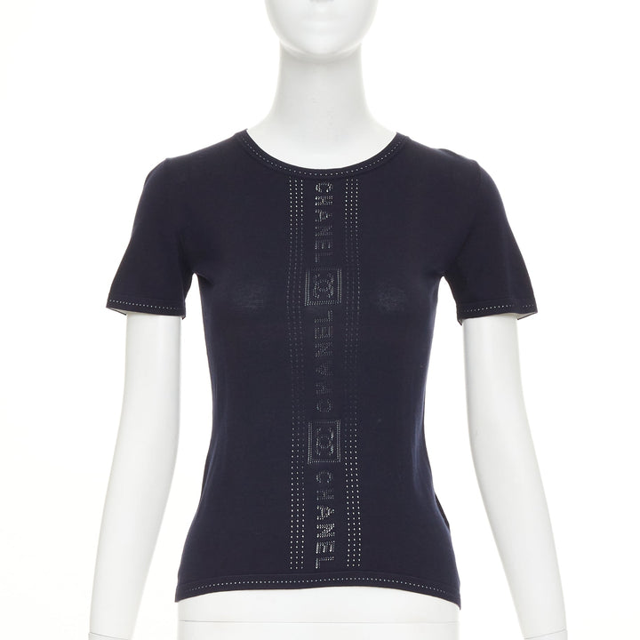 CHANEL SPORT 07C Vintage vertical logo intarsia knit short sleeve top FR34 XXS