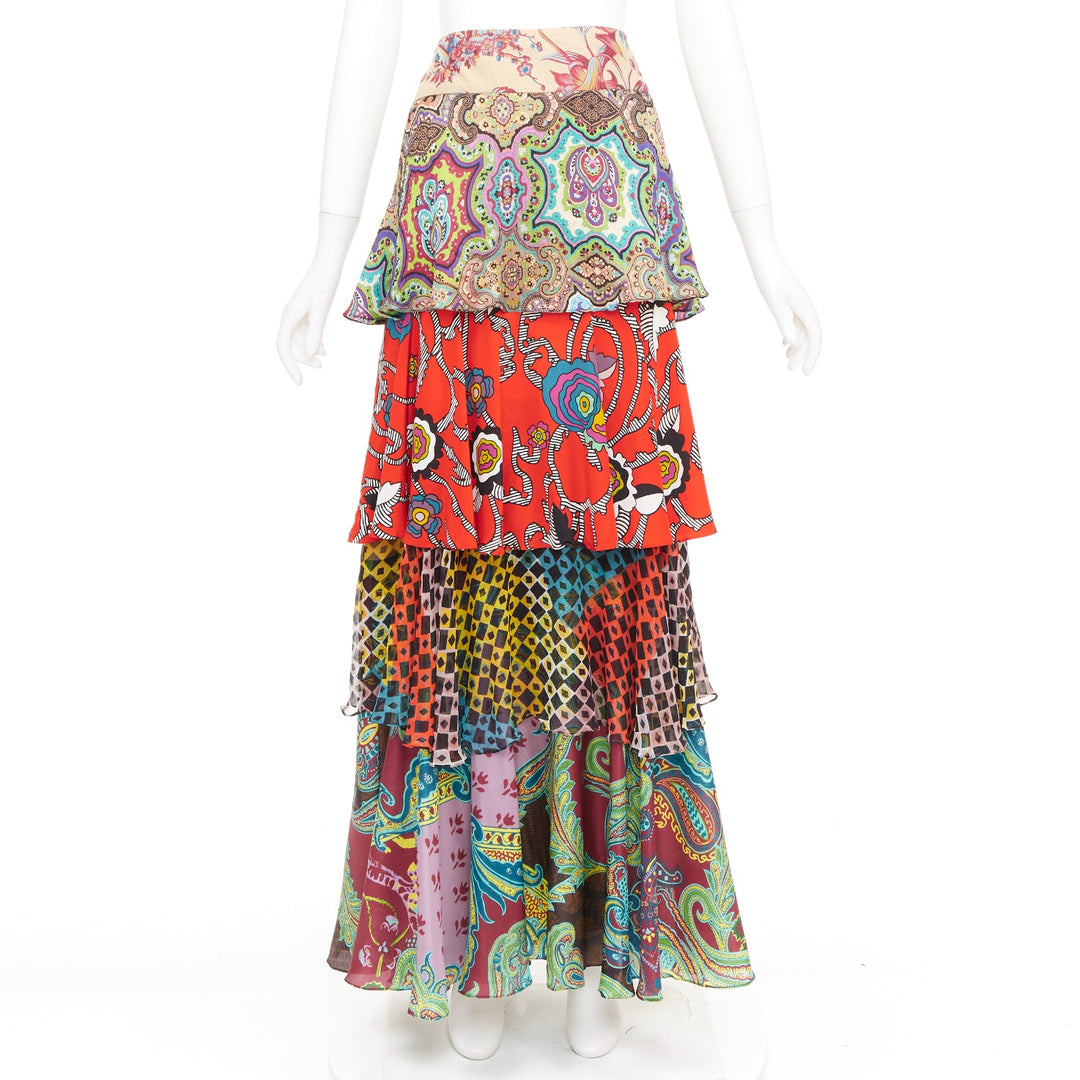 CHRISTIAN LACROIX Vintage tiered paisley patchwork silk bohemian skirt FR46 3XL