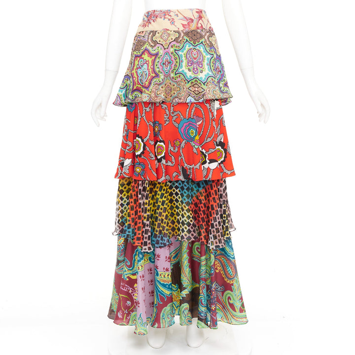 CHRISTIAN LACROIX Vintage tiered paisley patchwork silk bohemian skirt FR46 3XL