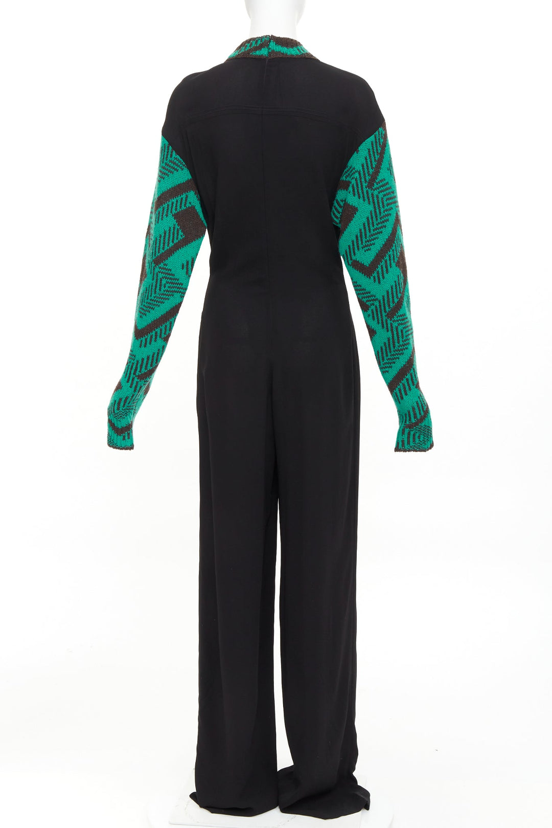 PRADA 2021 Runway black sable green jacquard wool knit pleated jumpsuit IT38 XS