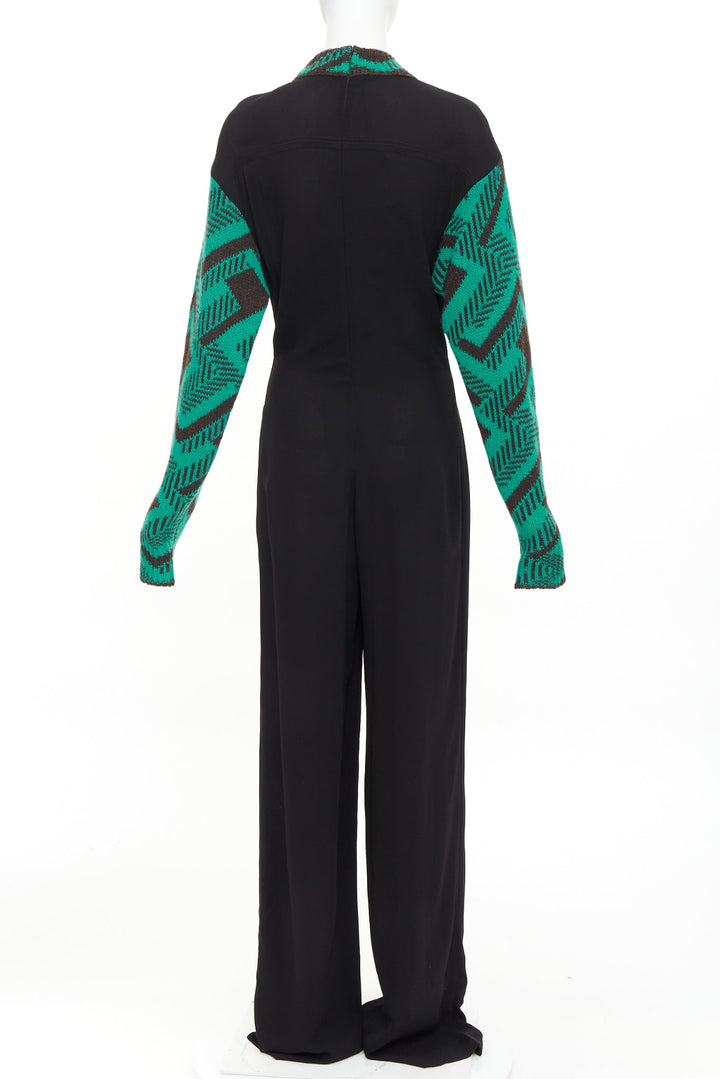 PRADA 2021 Runway black sable green jacquard wool knit pleated jumpsuit IT38 XS