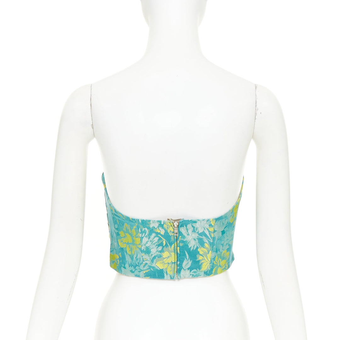 PRADA 2018 green yellow silk floral jacquard ruched corset bandeau top IT38 XS