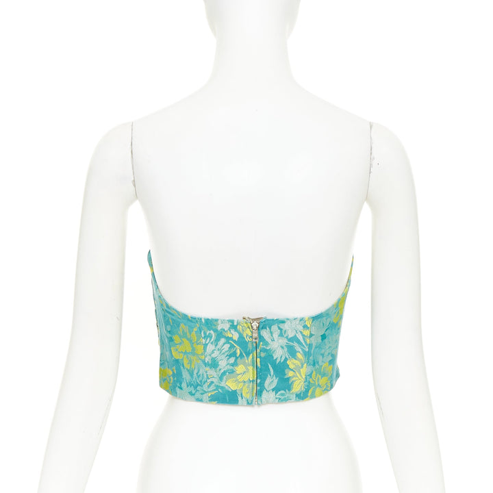 PRADA 2018 green yellow silk floral jacquard ruched corset bandeau top IT38 XS