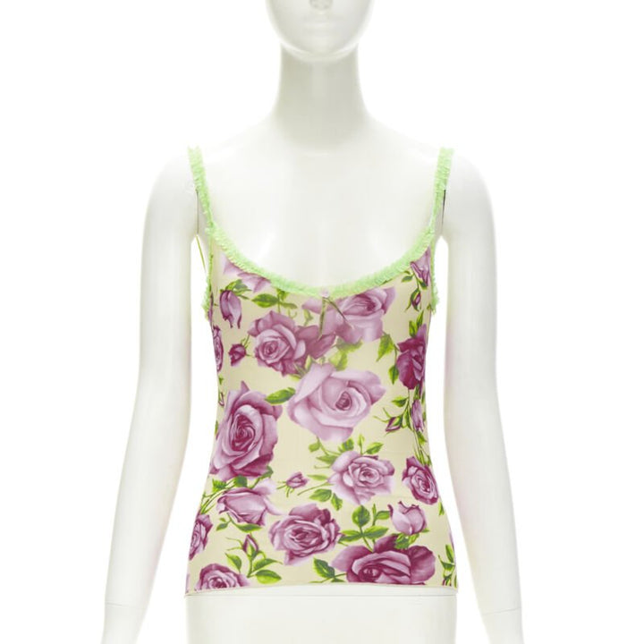 D&G DOLCE GABBANA Vintage Y2K pink rose green ruffle trim cami tank top XS