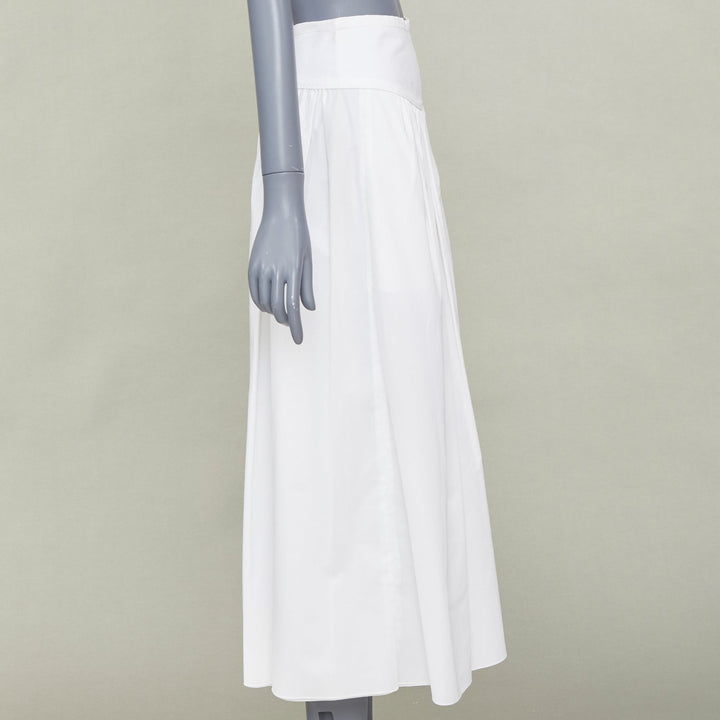 HERMES white cotton linen pleated drop waist casual flared midi skirt FR34 XS