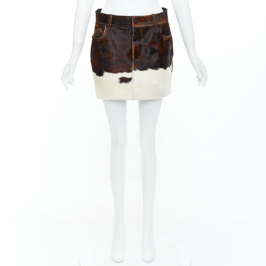 SAINT LAURENT 2018 brown white real calf hair silk lined mini skirt FR38 M