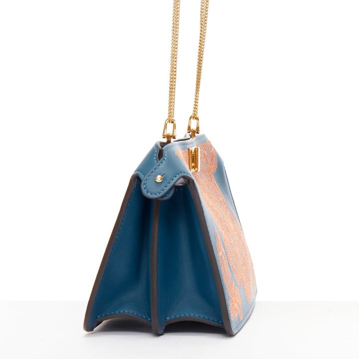 FENDI Peekaboo pink lace applique blue leather gold buckle crossbody bag