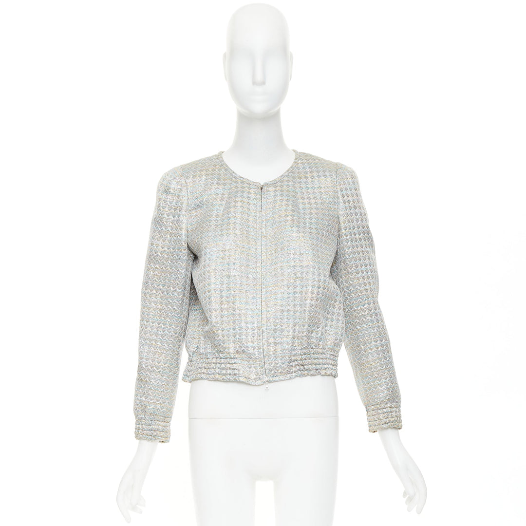 DRIES VAN NOTEN 2017 silver multicolor geometric jacquard crop jacket FR40 L