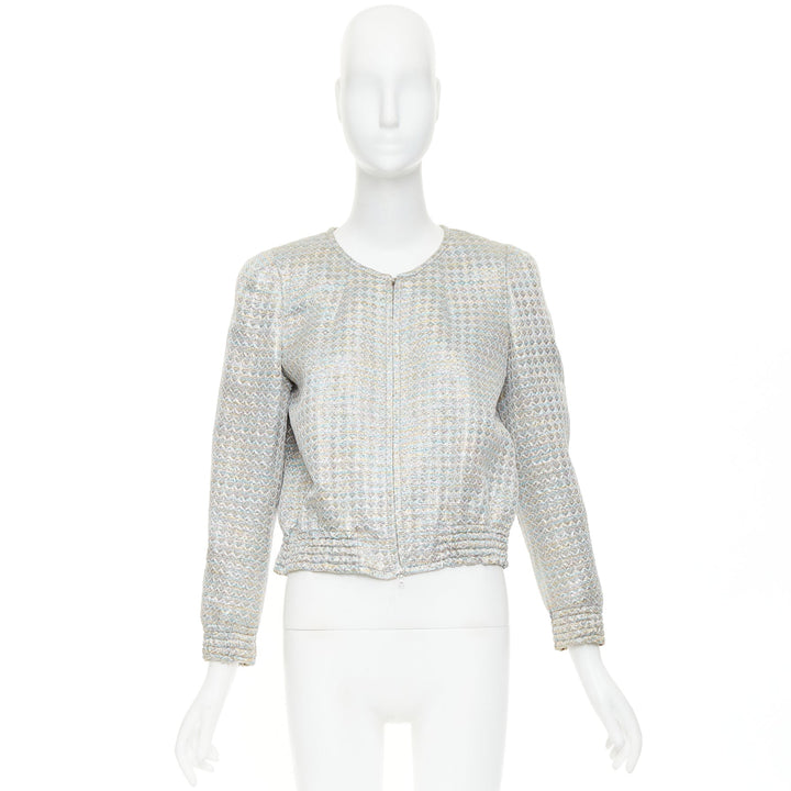 DRIES VAN NOTEN 2017 silver multicolor geometric jacquard crop jacket FR40 L
