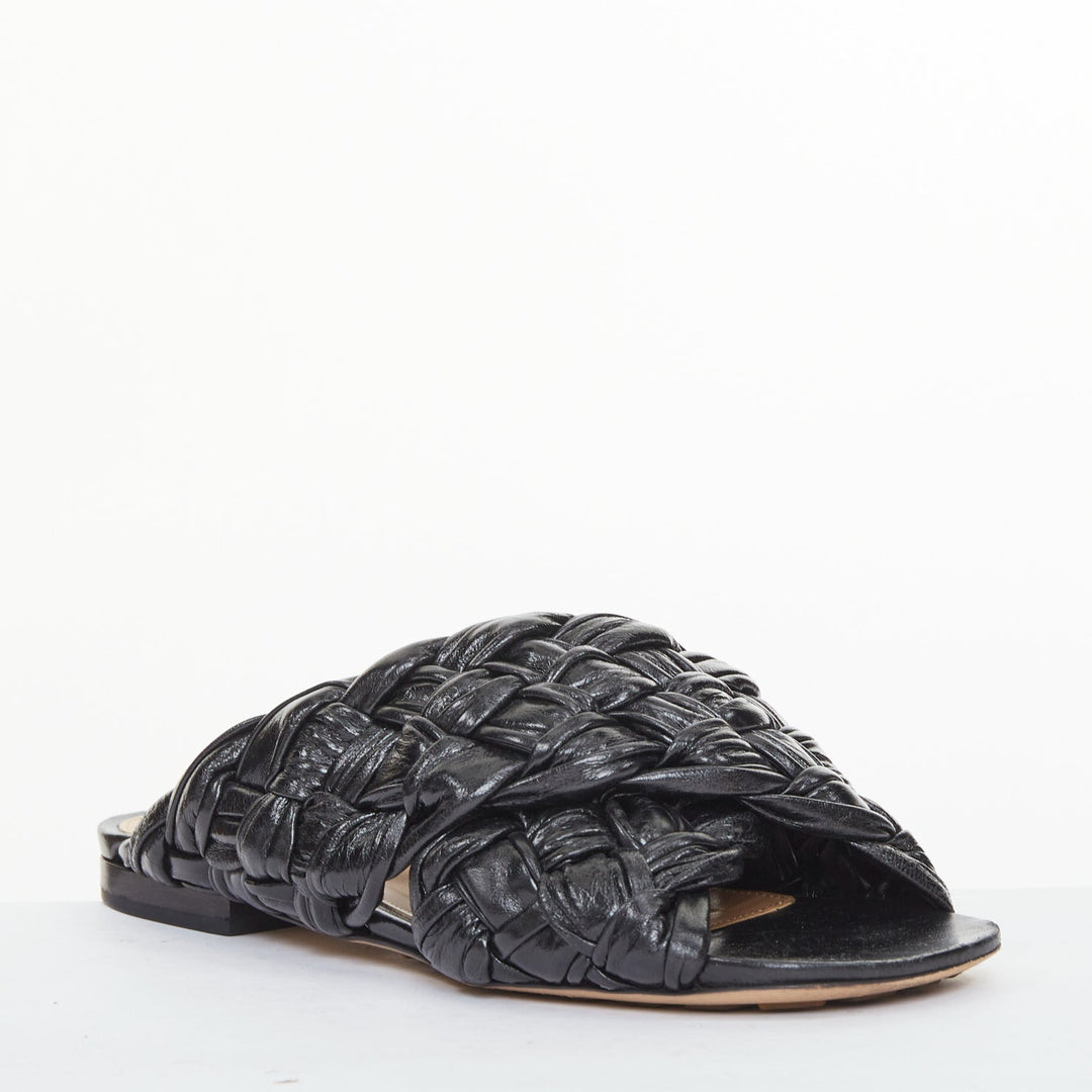 BOTTEGA VENETA The Board black woven leather crossover slide sandals EU37