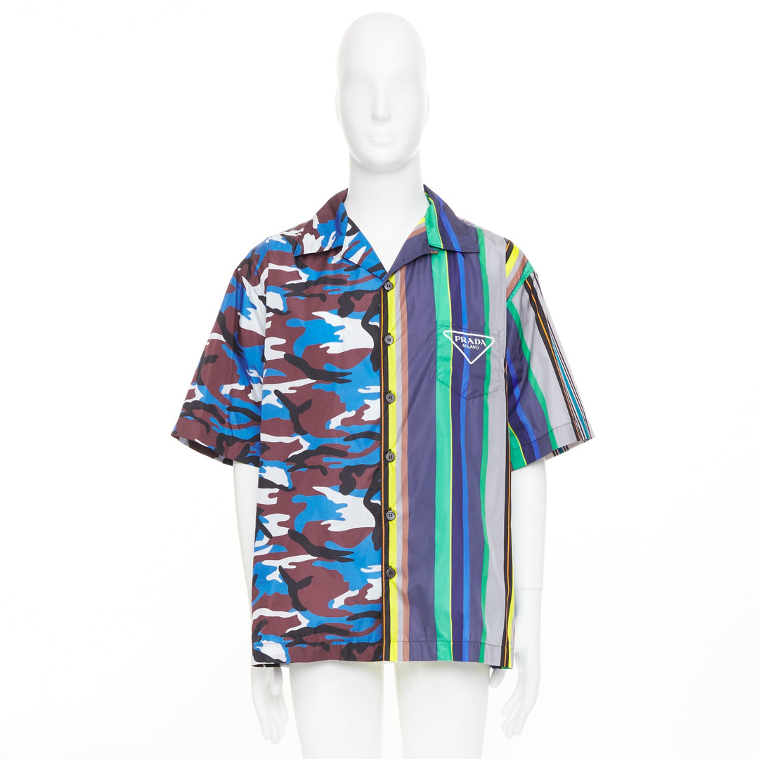 PRADA 2021 Runway Double Match camo stripe oversized nylon bowling shirt XL