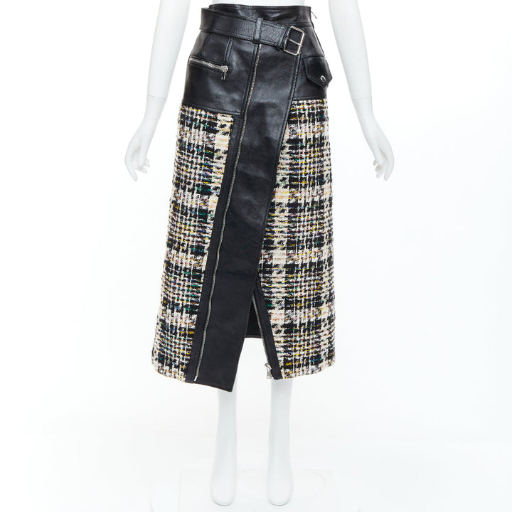 ALEXANDER MCQUEEN 2023 Hybrid leather tweed deconstructed biker skirt IT36 XXS