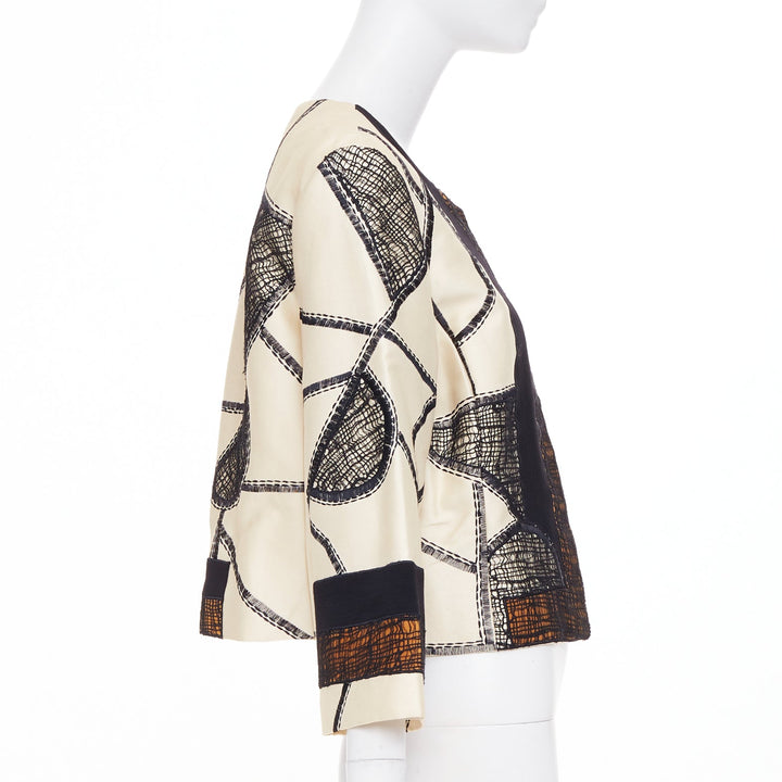 OSCAR DE LA RENTA 2012 beige black abstract mesh overlay cropped jacket US12 2XL