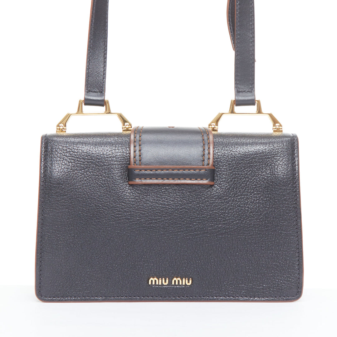 MIU MIU Lady black leather colorful rhinestone buckle flap crossbody bag