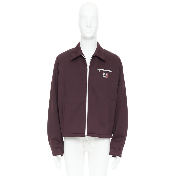 PRADA 2018 burgundy sporty rubber logo zip up collared jacket IT50 L