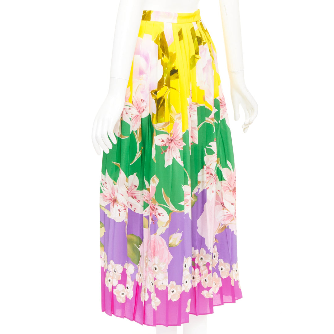 VALENTINO Flying Flowers silk colorblock pleated floral print midi skirt IT38 XS