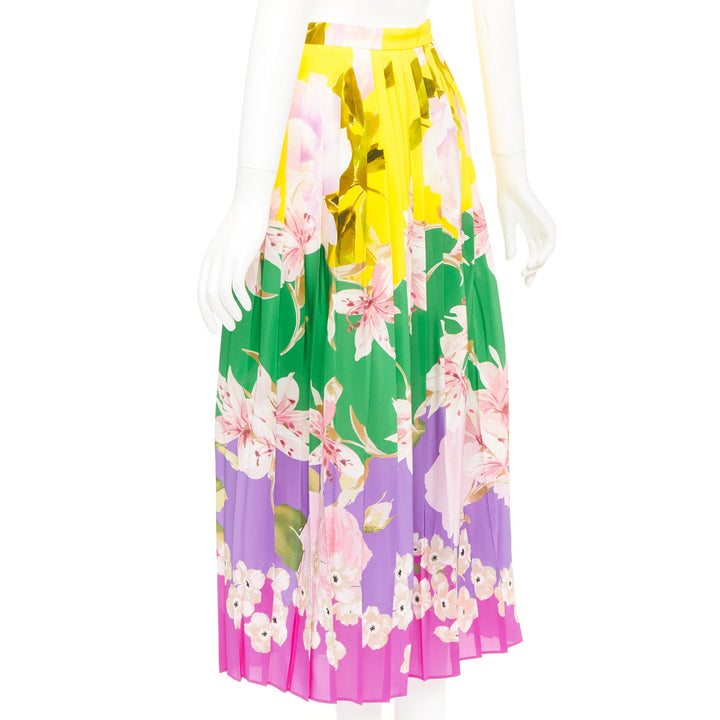 VALENTINO Flying Flowers silk colorblock pleated floral print midi skirt IT38 XS