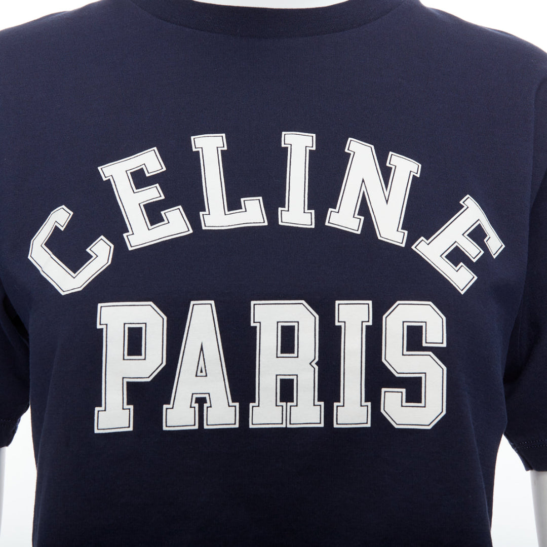 CELINE navy white big varsity Paris logo boxy crew neck crop tshirt XS