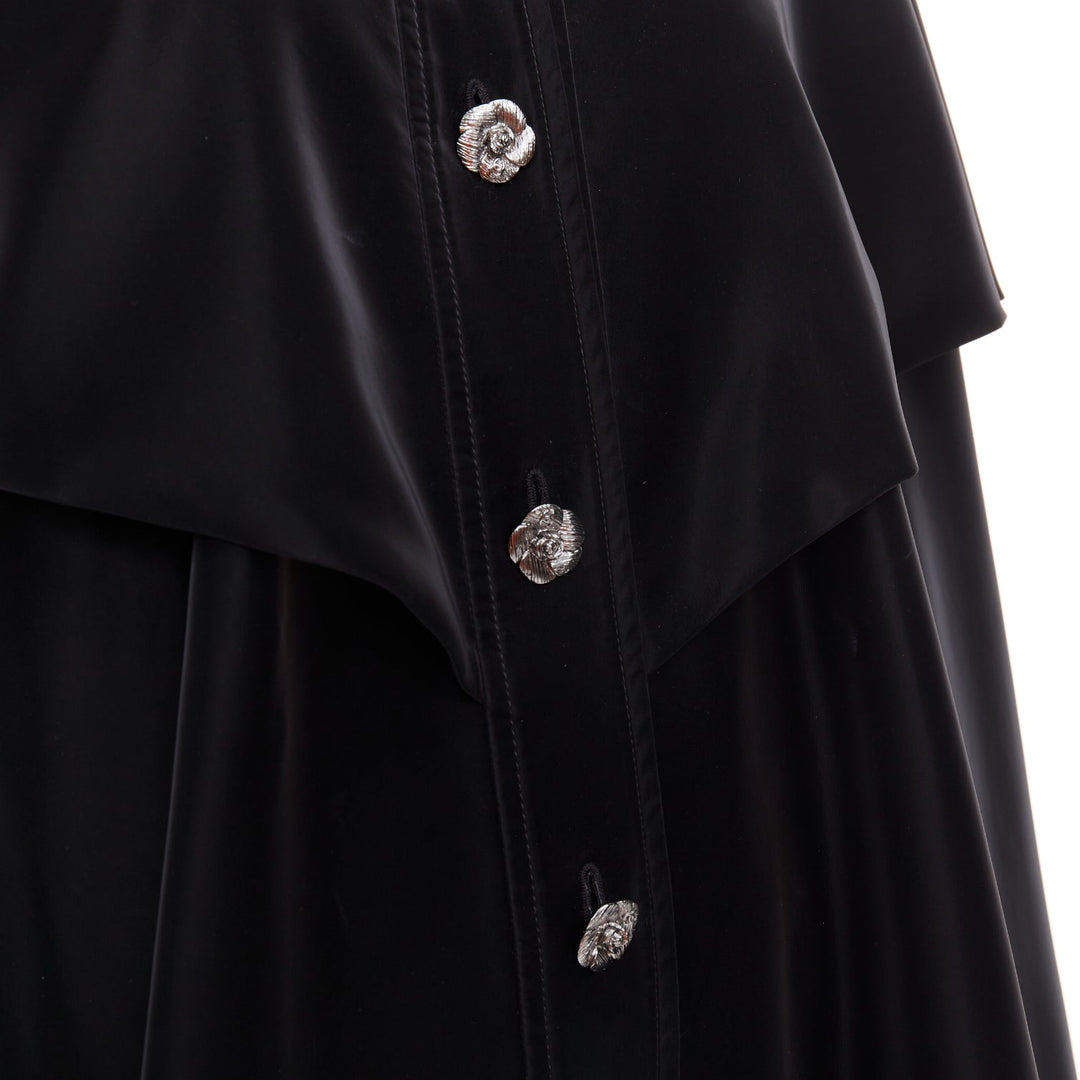 CHANEL 23K Runway black Camellia button cape overlay fluid parka coat FR38 M