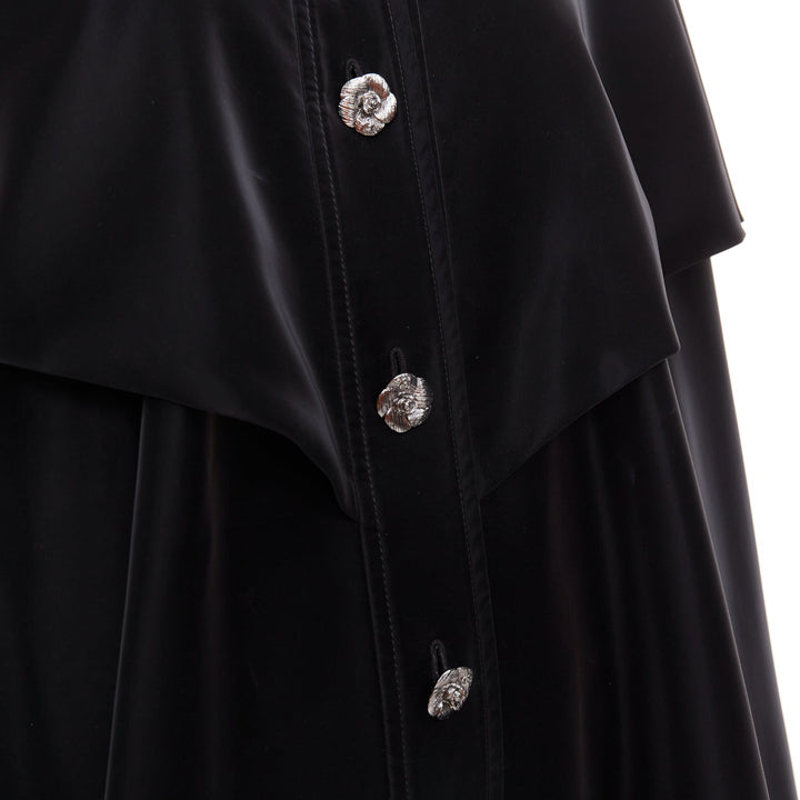 CHANEL 23K Runway black Camellia button cape overlay fluid parka coat FR38 M