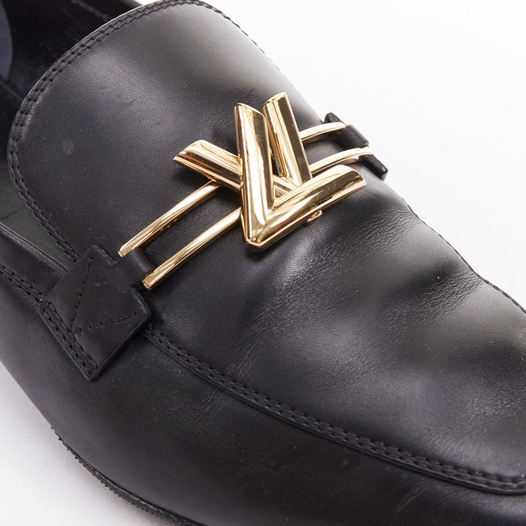 LOUIS VUITTON Upper Case flat black lambskin gold LV bar flat loafers EU36.5