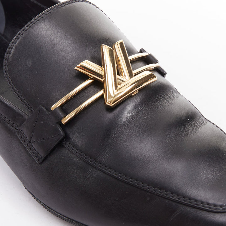 LOUIS VUITTON Upper Case flat black lambskin gold LV bar flat loafers EU36.5