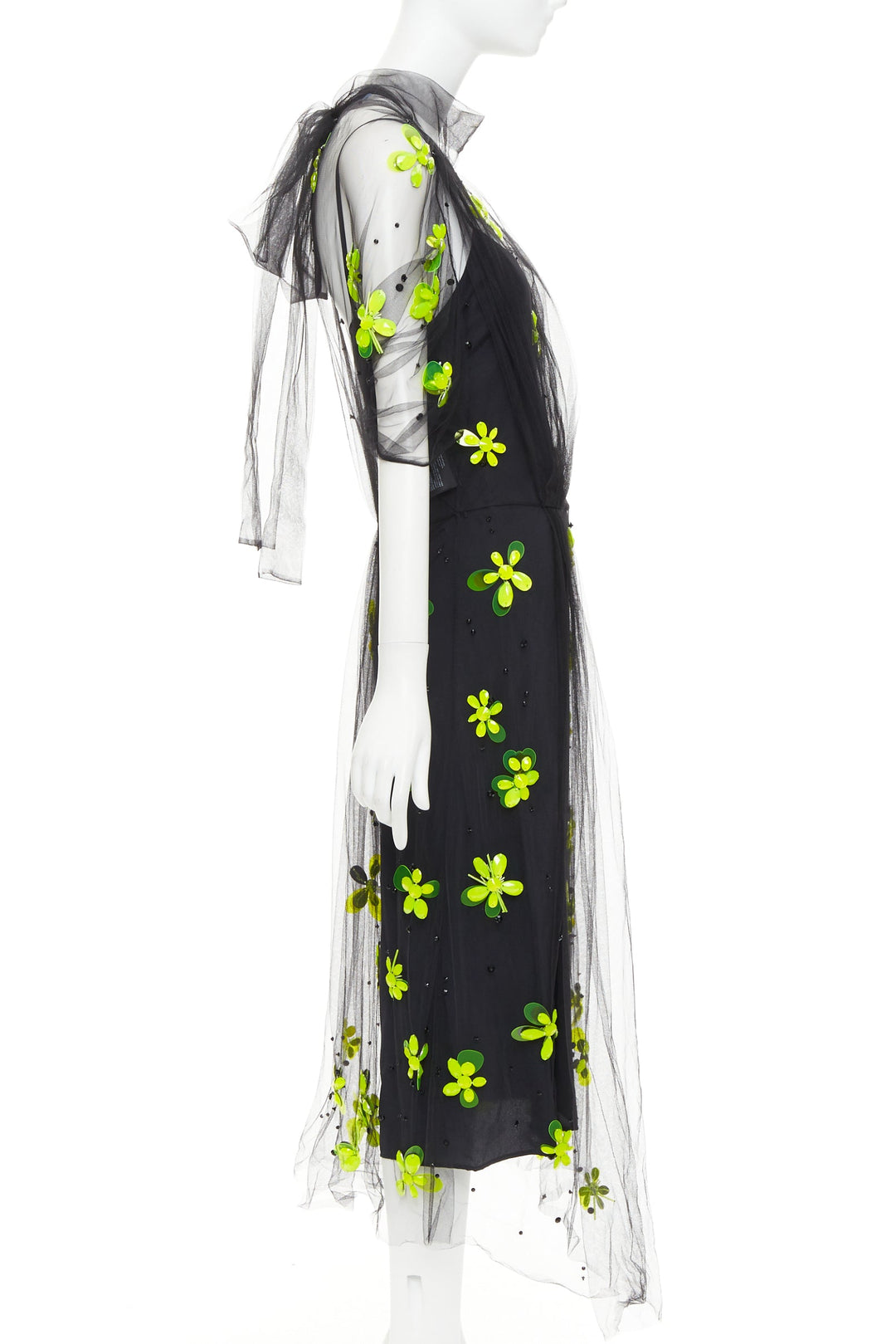 PRADA 2018 Runway neon yellow floral bead black gathered tulle dress IT40 S
