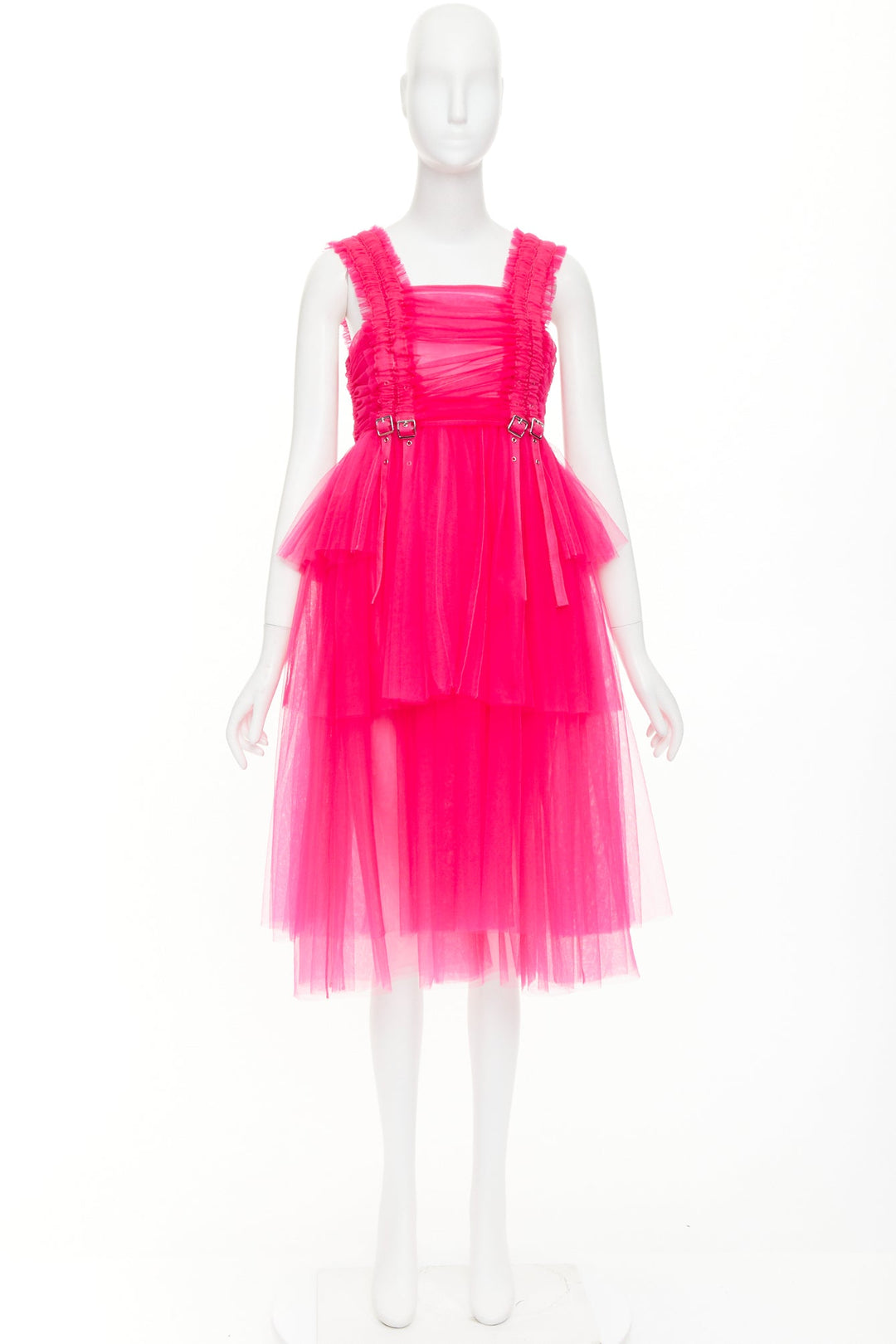 NOIR KEI NINOMIYA 2022 hot pink ruffle ruched front silver buckle dress XS