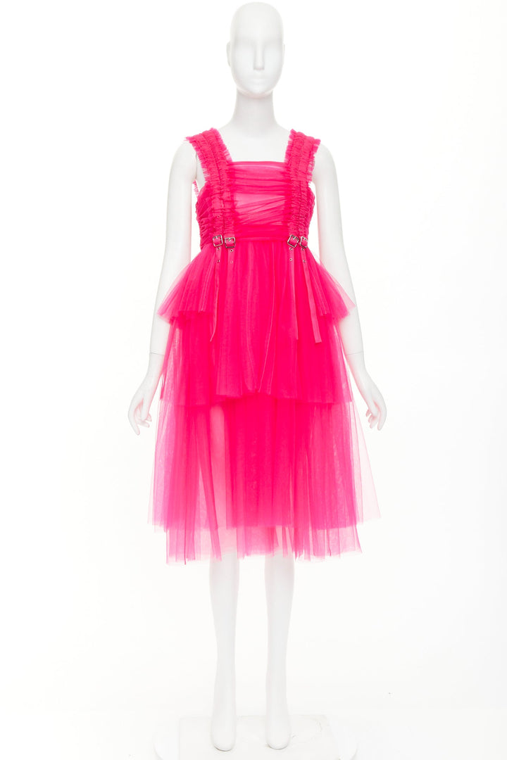 NOIR KEI NINOMIYA 2022 hot pink ruffle ruched front silver buckle dress XS
