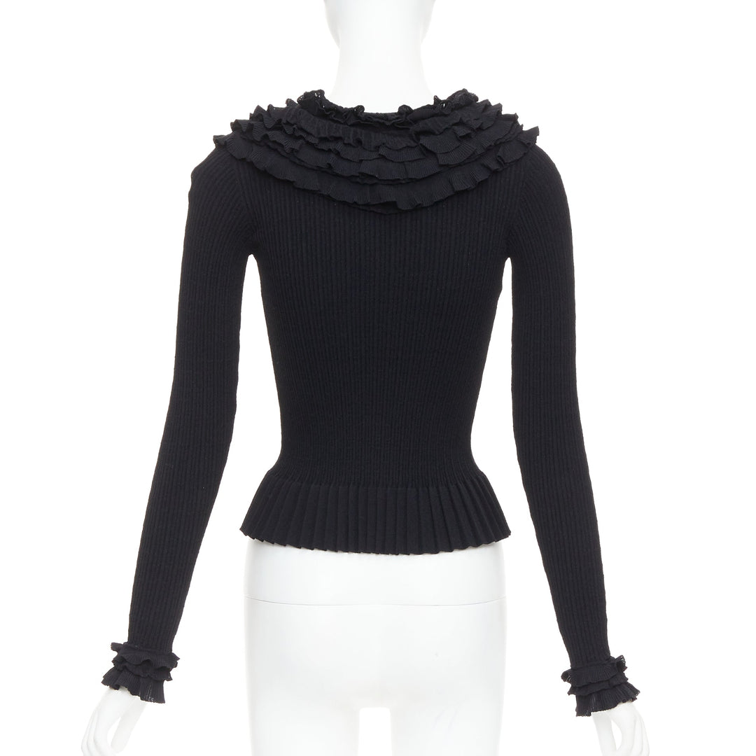 LOUIS VUITTON black ruffle collar cuffs ribbed long sleeves cardigan XS